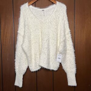 NWTS Free People Women's Pullover Sweater V Neck Knit Ivory Oversize Small